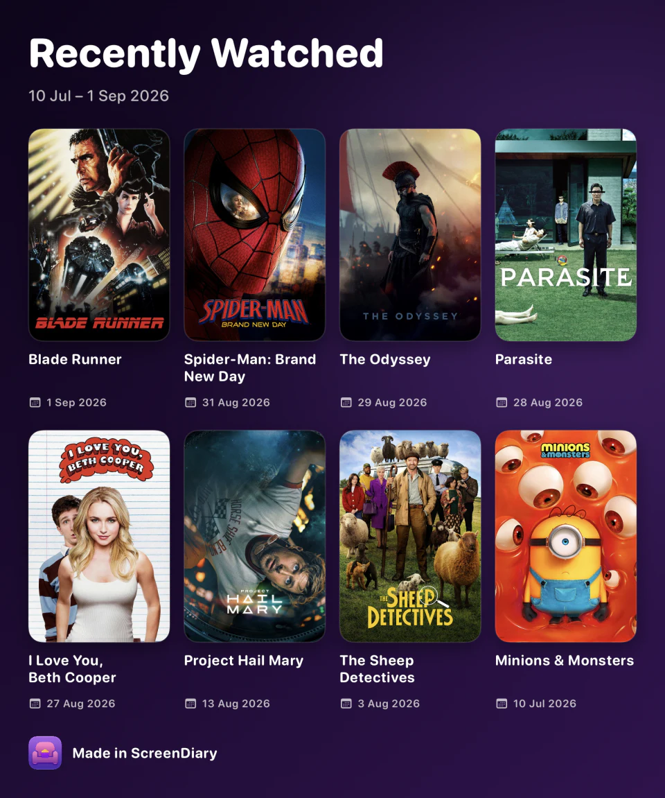 A shareable ScreenDiary Recent Watches card with eight logged movies and their watch dates