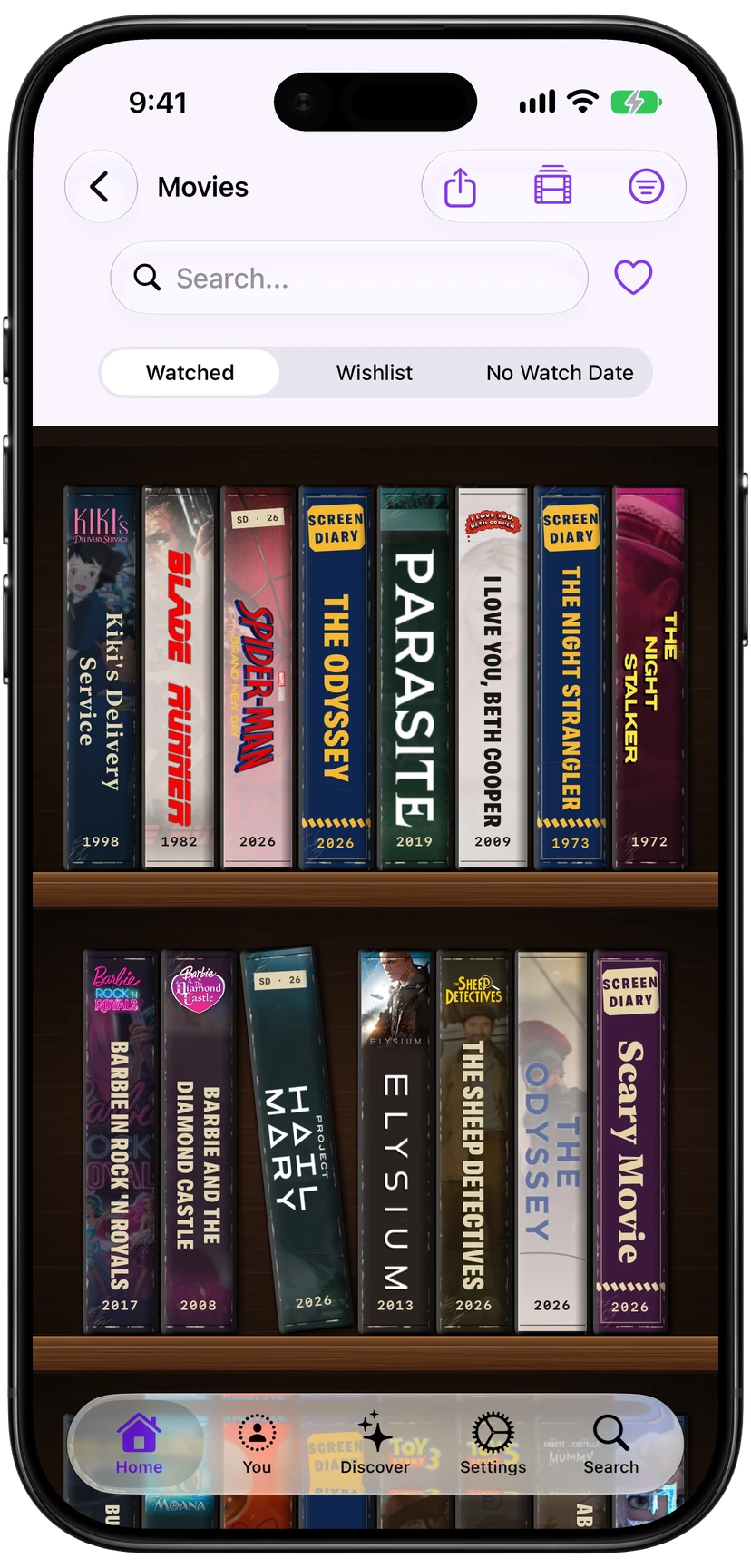 Shelf View displaying watched movies as cases on wooden shelves