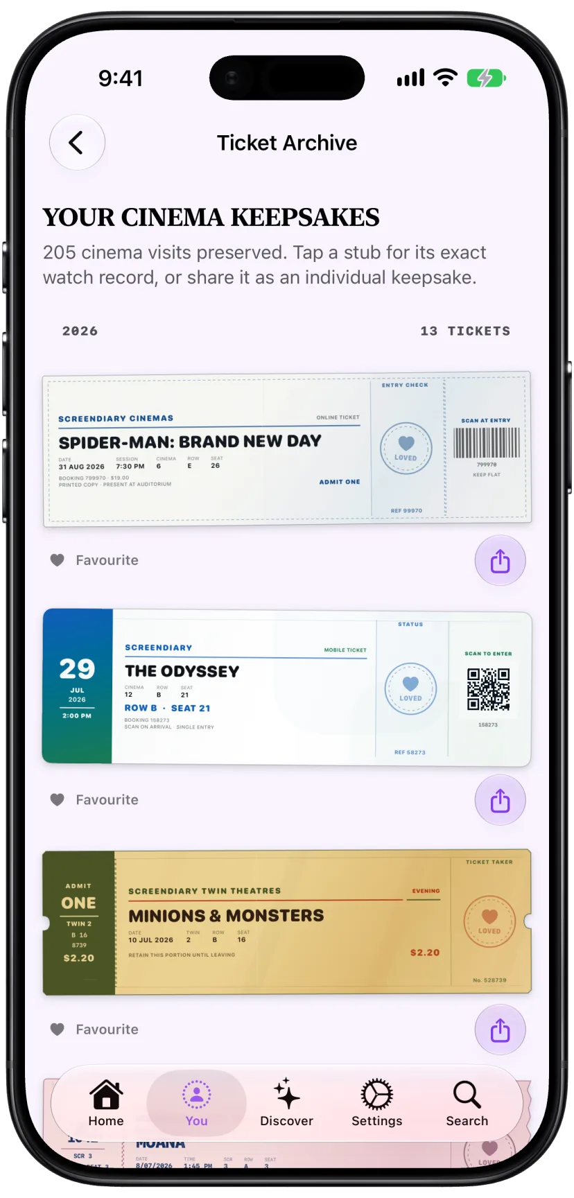 Ticket Archive with collectible cinema ticket stubs