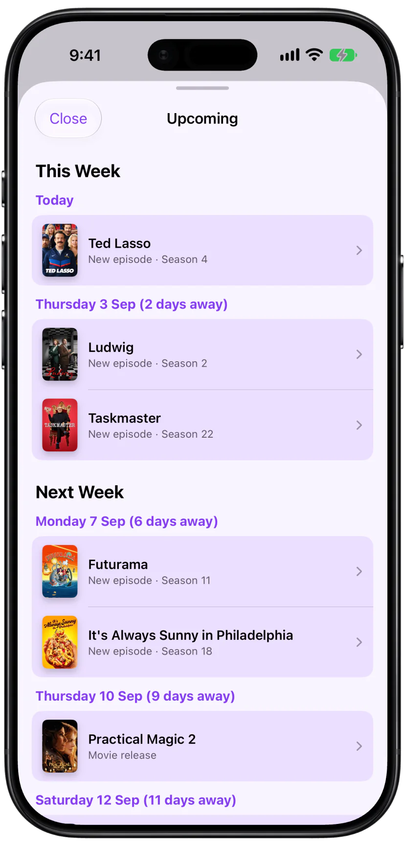 Upcoming releases and new TV episodes arranged by week