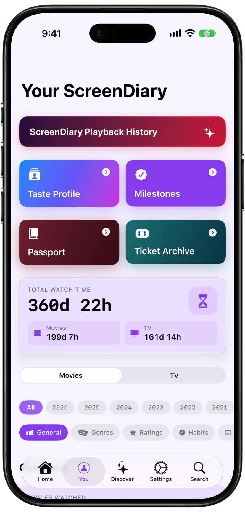 The You screen with statistics, Taste Profile, Milestones, Passport and Ticket Archive