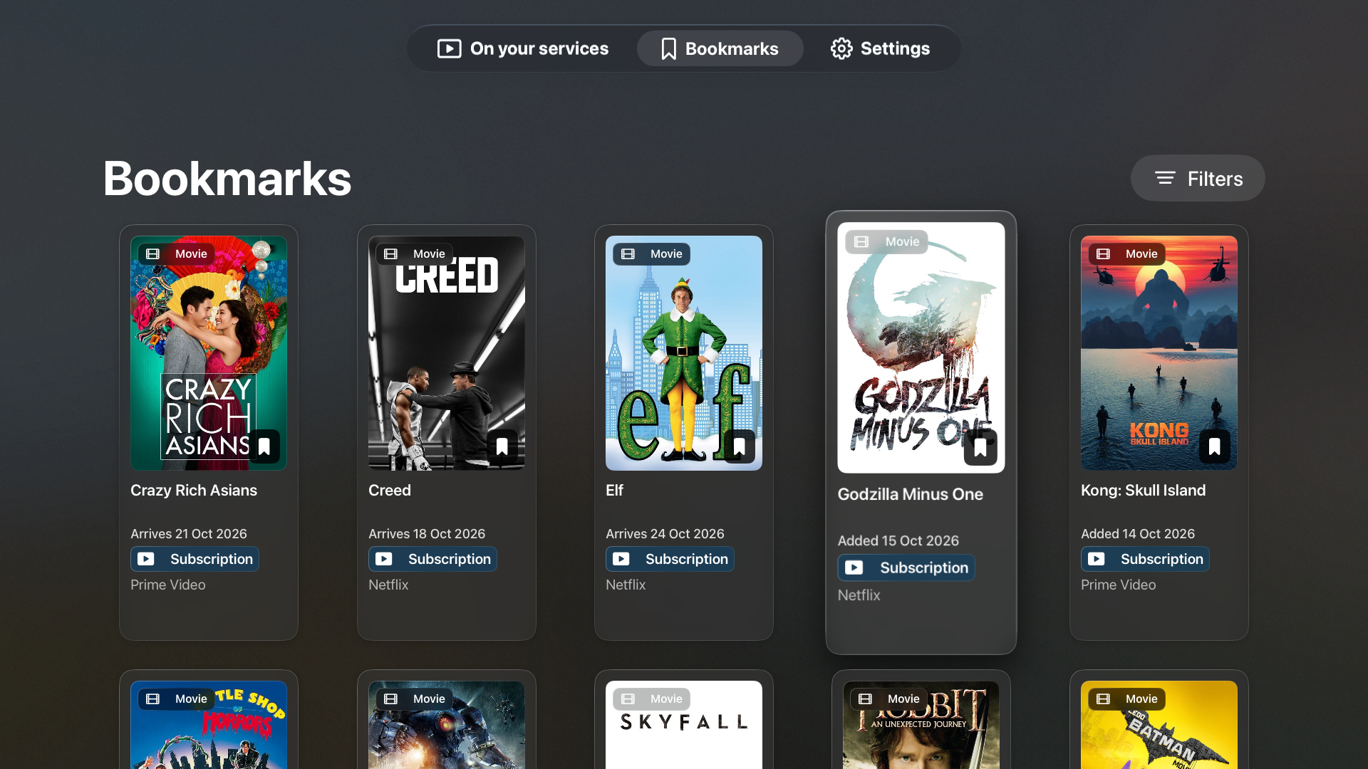 Saved movies and TV shows in Scanline’s Bookmarks screen